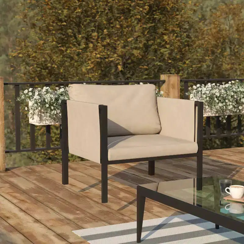 Flash Furniture Lea Sedia da Patio per Interni/Esterni con Cuscini - Sedia Moderna con Struttura in Acciaio e Tasche portaoggetti