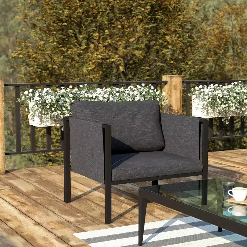 Flash Furniture Lea Sedia da Patio per Interni/Esterni con Cuscini - Sedia Moderna con Struttura in Acciaio e Tasche portaoggetti