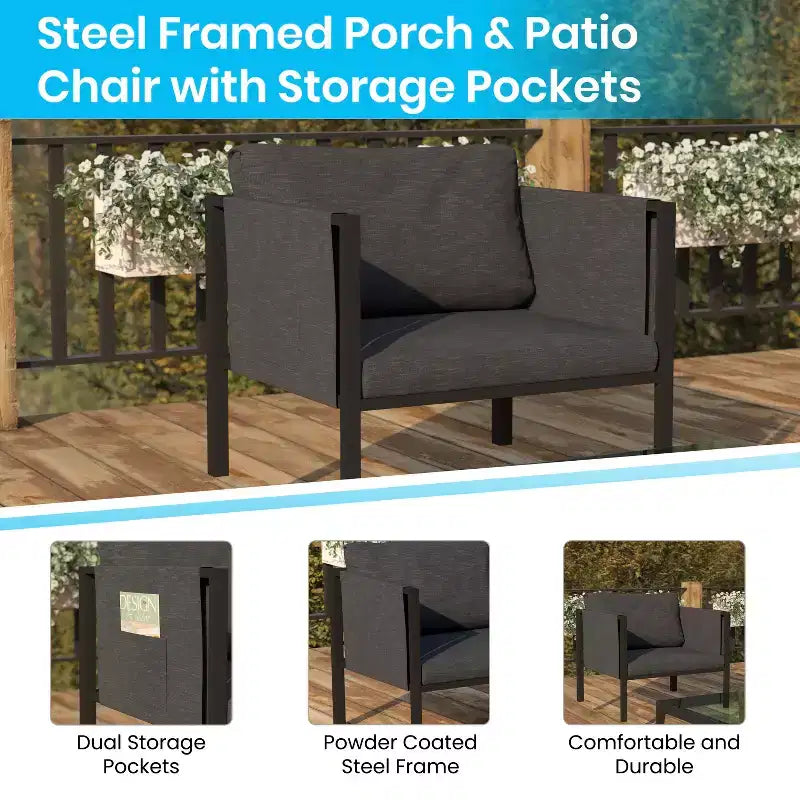 Flash Furniture Lea Sedia da Patio per Interni/Esterni con Cuscini - Sedia Moderna con Struttura in Acciaio e Tasche portaoggetti