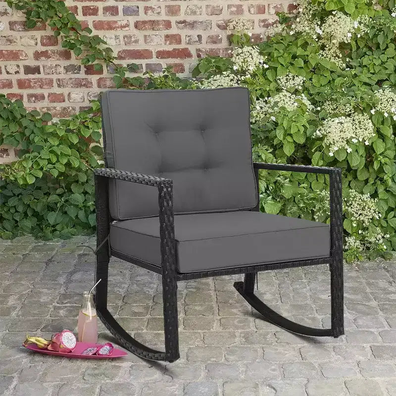 Outdoor Rattan Rocking Chair with Cushion - WELLFOR