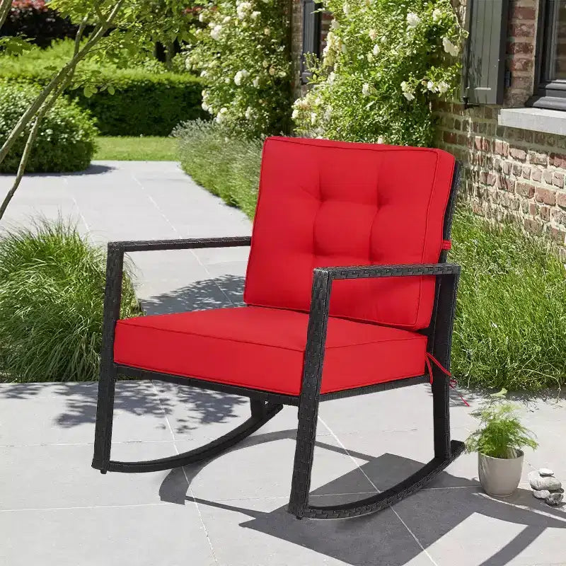 Outdoor Rattan Rocking Chair with Cushion - WELLFOR