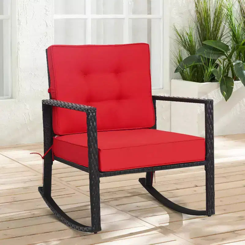Outdoor Rattan Rocking Chair with Cushion - WELLFOR