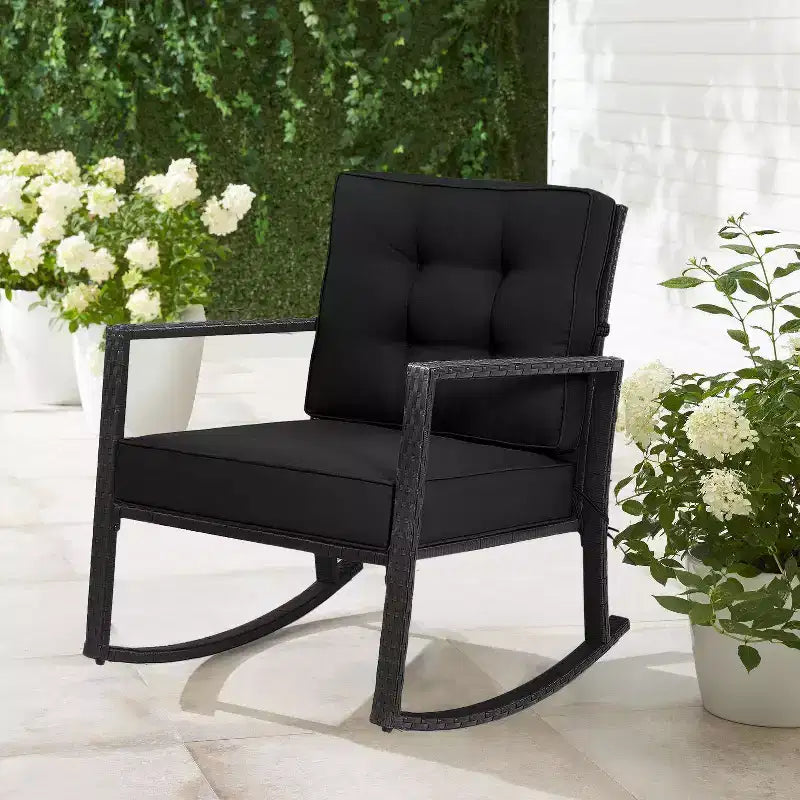 Outdoor Rattan Rocking Chair with Cushion - WELLFOR