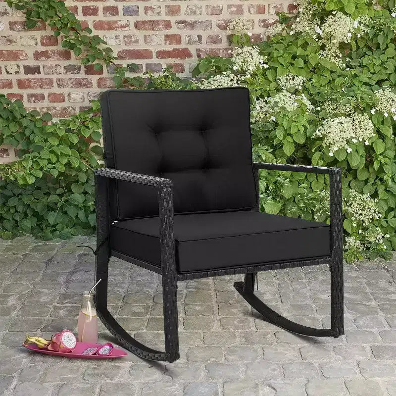 Outdoor Rattan Rocking Chair with Cushion - WELLFOR