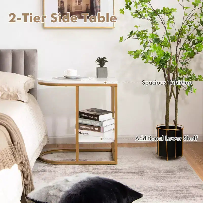 Costway C-shaped Side Table 2-Tier End Table with Storage Modern Compact Snack Table
