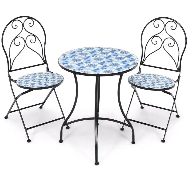 Costway 2 SEDIE BISTROT PIEGHEVOLI DA GIARDINO CON MOSAICO, MOTIVO FLOREALE BLU