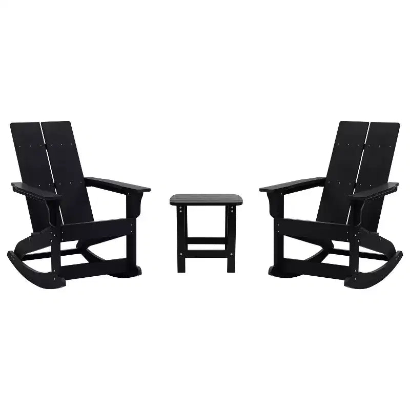 Emma and Oliver Set of 2 Harmon Modern All-Weather Poly Resin Adirondack Rocking Chairs with Side Table for Outdoor Use