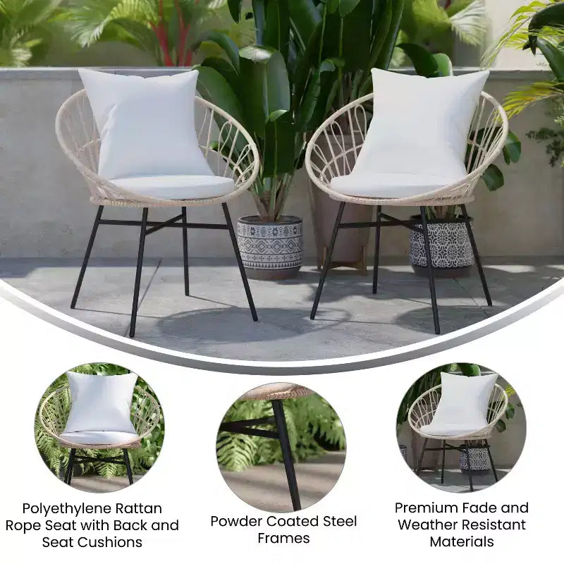 Set di 2 sedie da patio Merrick Lane in finto rattan intrecciato, stile Papasan, per interni ed esterni, con cuscini per seduta e schienale