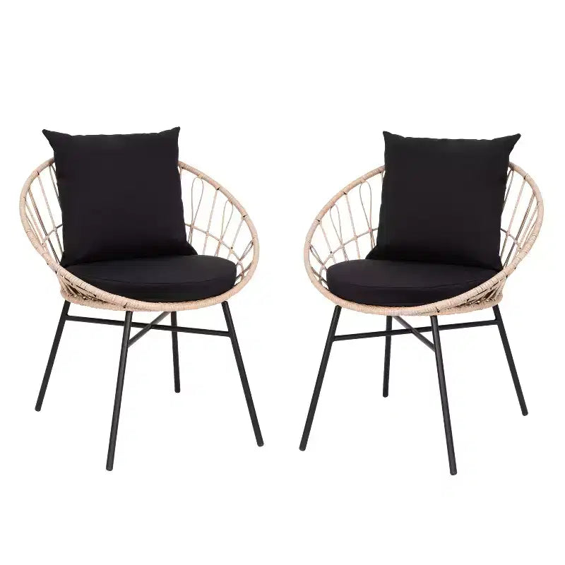 Set di 2 sedie da patio Merrick Lane in finto rattan intrecciato, stile Papasan, per interni ed esterni, con cuscini per seduta e schienale