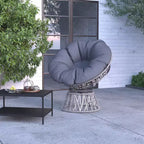 Merrick Lane Papasan Style Woven Wicker Swivel Patio Chair in Silver with Removable All-Weather Dark Gray Cushion