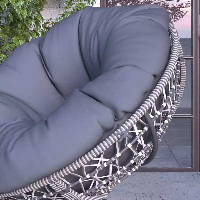 Merrick Lane Papasan Style Woven Wicker Swivel Patio Chair in Silver with Removable All-Weather Dark Gray Cushion