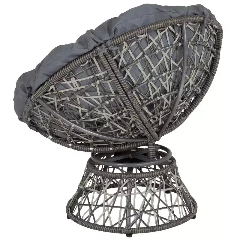 Merrick Lane Papasan Style Woven Wicker Swivel Patio Chair in Silver with Removable All-Weather Dark Gray Cushion