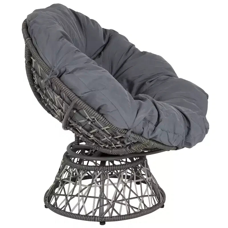 Merrick Lane Papasan Style Woven Wicker Swivel Patio Chair in Silver with Removable All-Weather Dark Gray Cushion