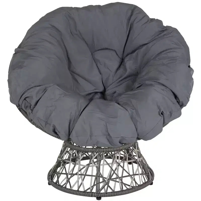 Merrick Lane Papasan Style Woven Wicker Swivel Patio Chair in Silver with Removable All-Weather Dark Gray Cushion