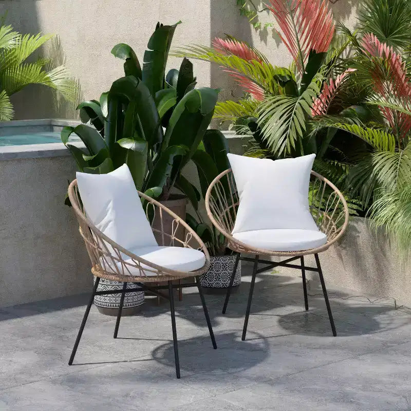 Flash Furniture Devon Set di 2 Sedie da Patio Moderne in Corda di Rattan Stile Papasan per Interni/Esterni, Rattan PE con Cuscini