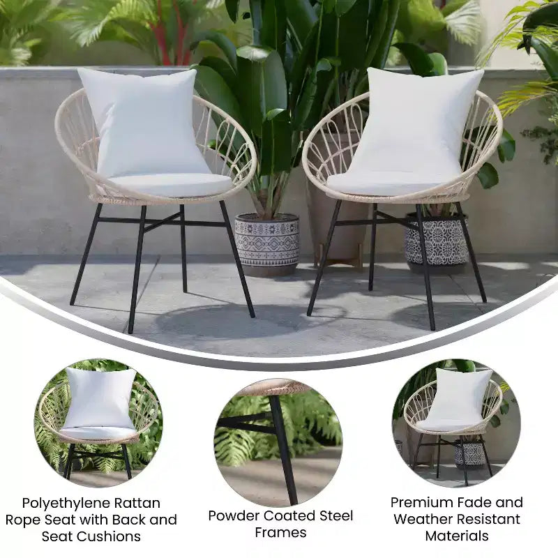 Flash Furniture Devon Set di 2 Sedie da Patio Moderne in Corda di Rattan Stile Papasan per Interni/Esterni, Rattan PE con Cuscini
