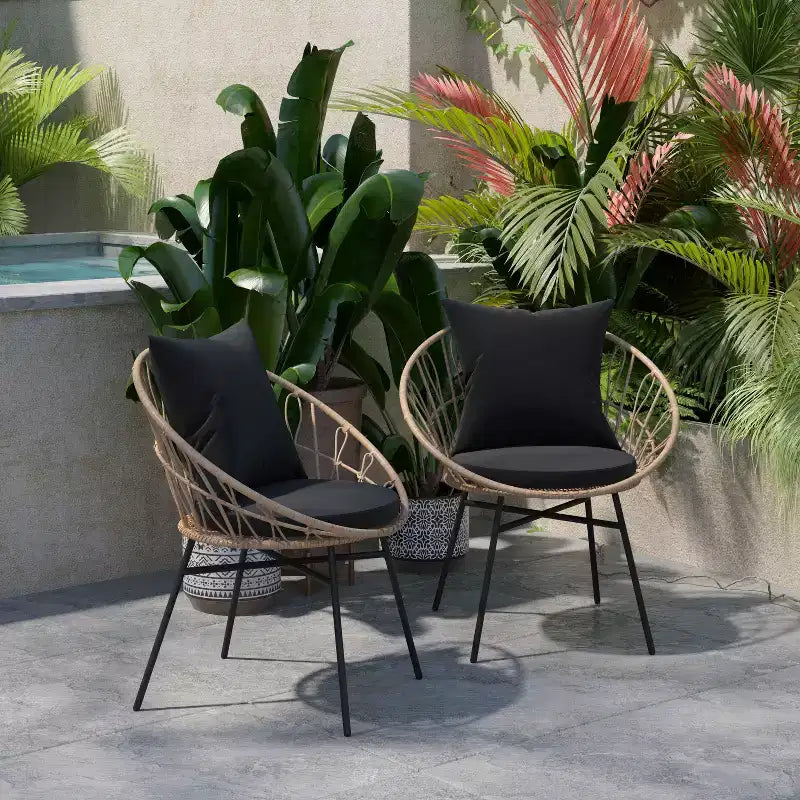 Flash Furniture Devon Set di 2 Sedie da Patio Moderne in Corda di Rattan Stile Papasan per Interni/Esterni, Rattan PE con Cuscini