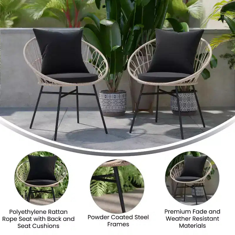 Flash Furniture Devon Set di 2 Sedie da Patio Moderne in Corda di Rattan Stile Papasan per Interni/Esterni, Rattan PE con Cuscini