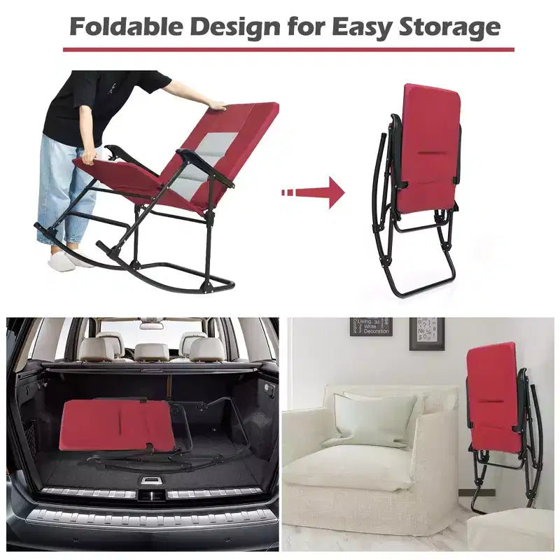 Sedia a dondolo imbottita pieghevole Costway, sedia da campeggio portatile con schienale e braccioli, rossa/blu