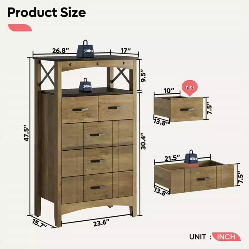 Bestier Rustic Storage Cabinet Organizer Table with 2 Display Shelves and 5 Drawers for Living Room, Office, Bedroom, or Hallway, Brown