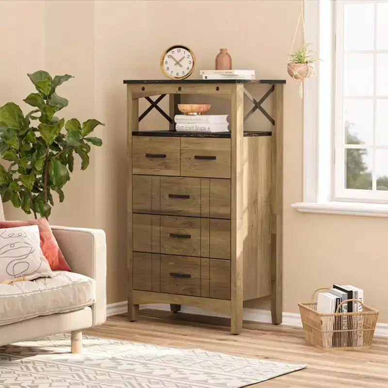 Bestier Rustic Storage Cabinet Organizer Table with 2 Display Shelves and 5 Drawers for Living Room, Office, Bedroom, or Hallway, Brown
