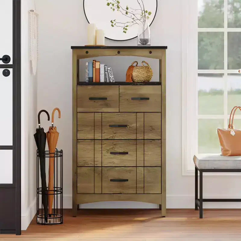 Bestier Rustic Storage Cabinet Organizer Table with 2 Display Shelves and 5 Drawers for Living Room, Office, Bedroom, or Hallway, Brown