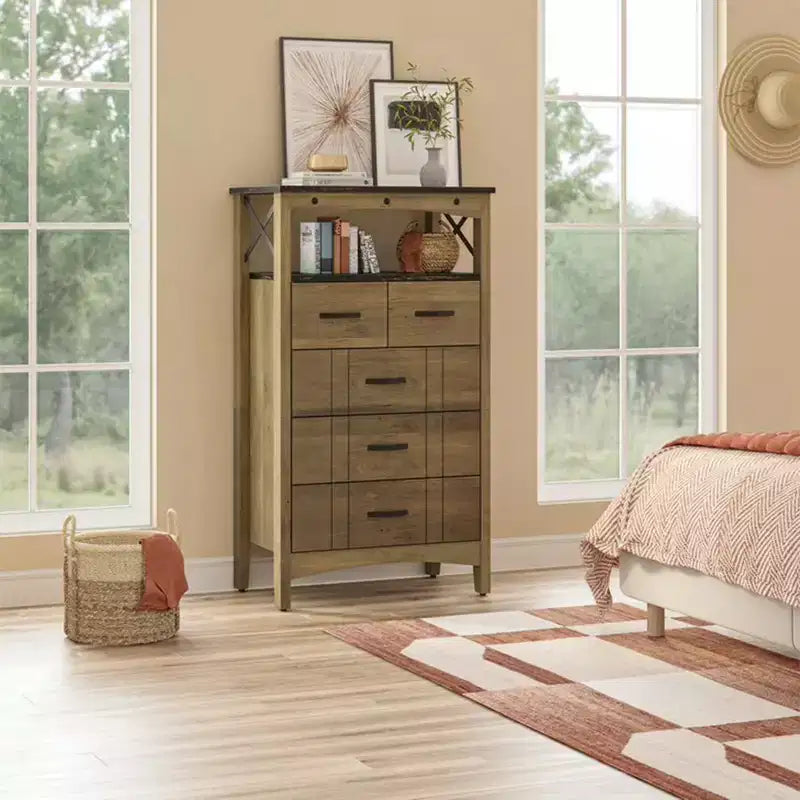 Bestier Rustic Storage Cabinet Organizer Table with 2 Display Shelves and 5 Drawers for Living Room, Office, Bedroom, or Hallway, Brown