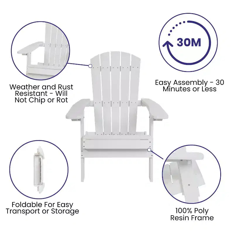 Emma and Oliver Set of 2 Indoor/Outdoor Folding Adirondack Chairs with Side Table