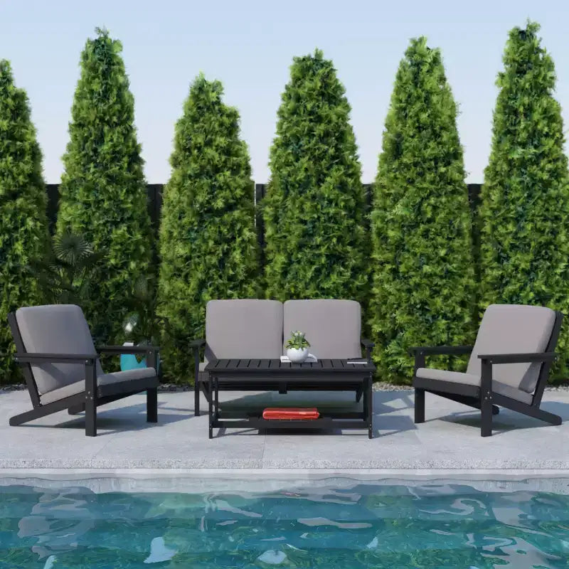 Flash Furniture Charlestown All-Weather Poly Resin Wood Adirondack Style Deep Seat Patio Loveseat with Cushions