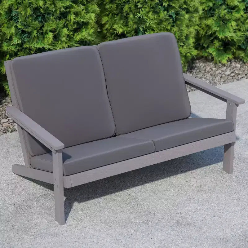 Flash Furniture Charlestown All-Weather Poly Resin Wood Adirondack Style Deep Seat Patio Loveseat with Cushions