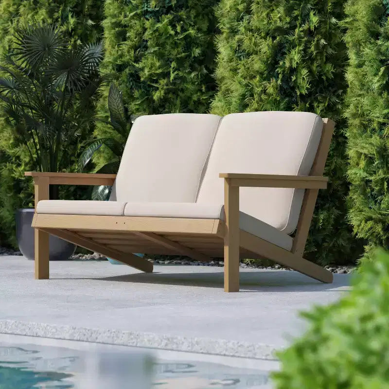 Flash Furniture Charlestown All-Weather Poly Resin Wood Adirondack Style Deep Seat Patio Loveseat with Cushions