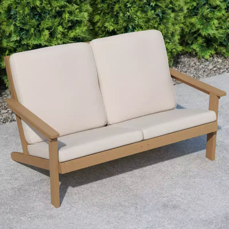 Flash Furniture Charlestown All-Weather Poly Resin Wood Adirondack Style Deep Seat Patio Loveseat with Cushions
