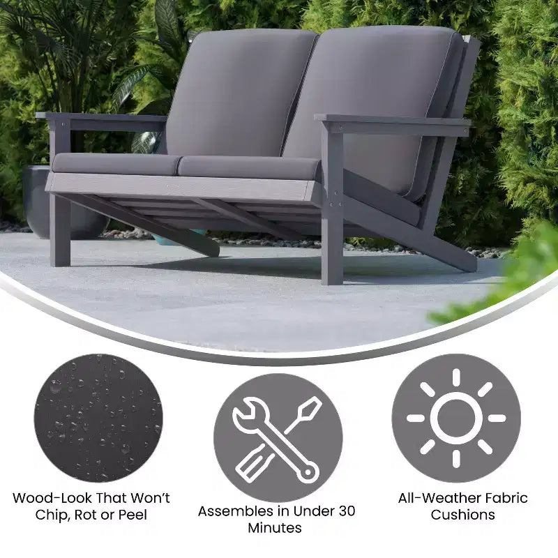 Flash Furniture Charlestown All-Weather Poly Resin Wood Adirondack Style Deep Seat Patio Loveseat with Cushions