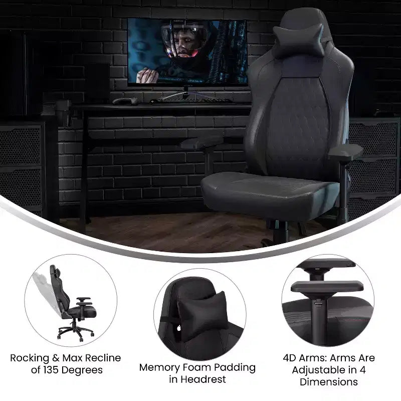 Sedia da Gaming Ergonomica con Schienale Alto Regolabile Flash Furniture Falco con Braccioli 4D, Cuscino Poggiatesta e Supporto Lombare Regolabile