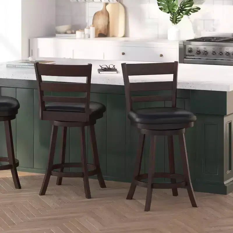 Merrick Lane 24 Classic Wooden Ladderback Swivel Counter Height Stool with Upholstered Padded Seat and Integrated Footrest