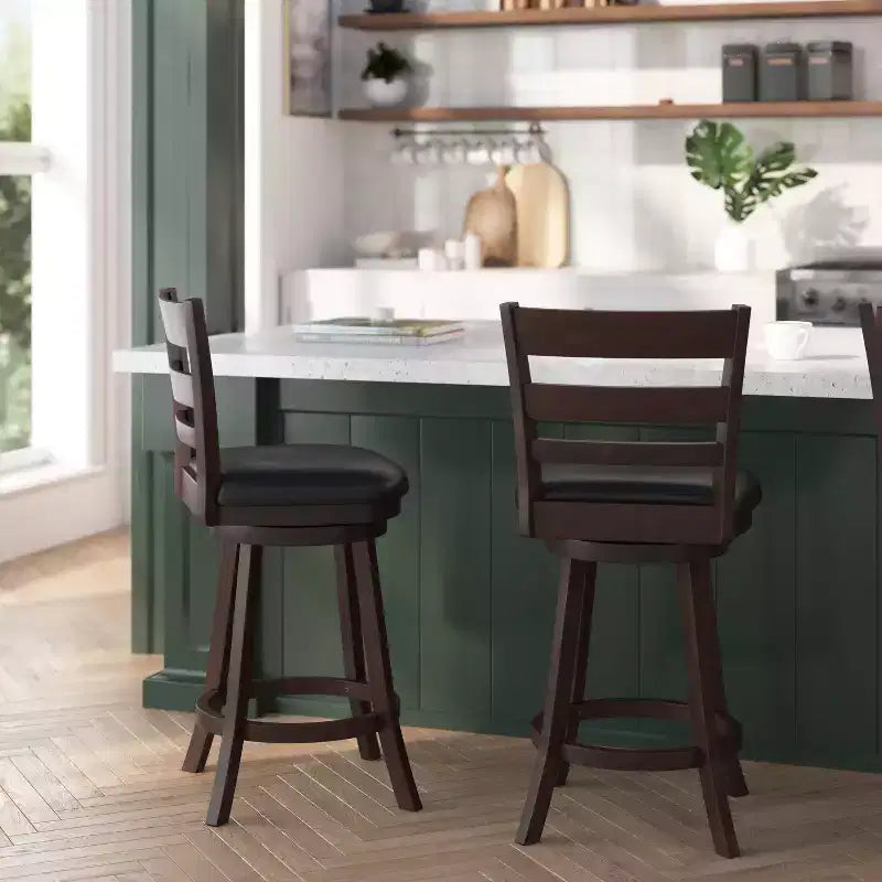 Merrick Lane 24 Classic Wooden Ladderback Swivel Counter Height Stool with Upholstered Padded Seat and Integrated Footrest