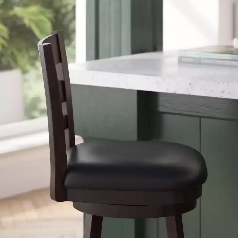 Merrick Lane 24 Classic Wooden Ladderback Swivel Counter Height Stool with Upholstered Padded Seat and Integrated Footrest