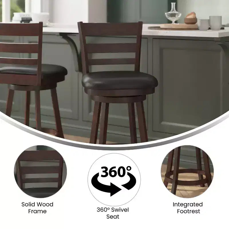 Merrick Lane 24 Classic Wooden Ladderback Swivel Counter Height Stool with Upholstered Padded Seat and Integrated Footrest
