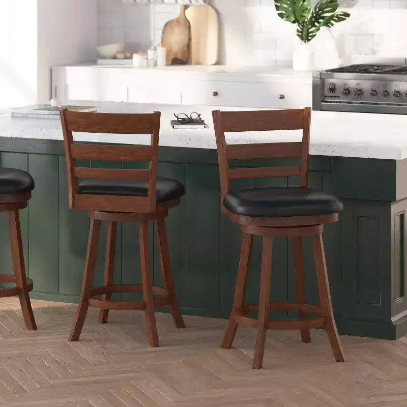 Merrick Lane 24 Classic Wooden Ladderback Swivel Counter Height Stool with Upholstered Padded Seat and Integrated Footrest