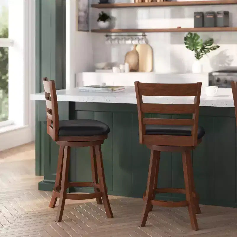 Merrick Lane 24 Classic Wooden Ladderback Swivel Counter Height Stool with Upholstered Padded Seat and Integrated Footrest