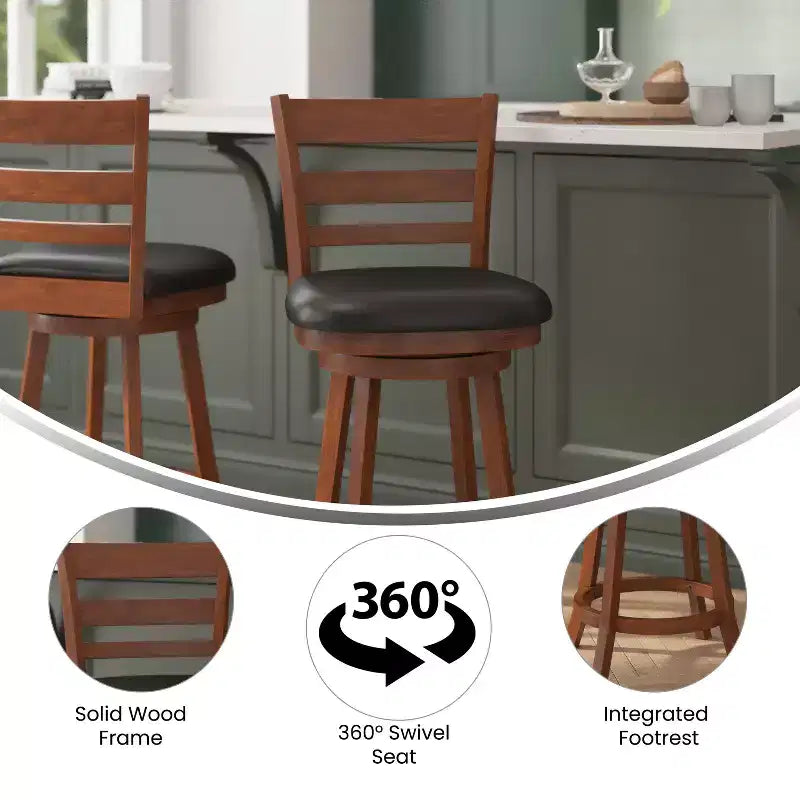 Merrick Lane 24 Classic Wooden Ladderback Swivel Counter Height Stool with Upholstered Padded Seat and Integrated Footrest