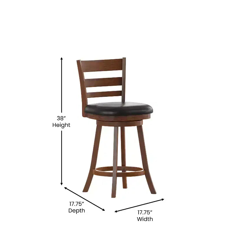 Merrick Lane 24 Classic Wooden Ladderback Swivel Counter Height Stool with Upholstered Padded Seat and Integrated Footrest