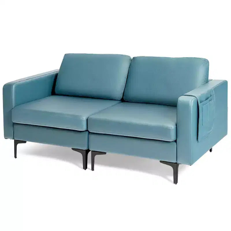 Costway Modern Loveseat Leathaire Fabric 2-Seat Sofa Couch w/ Side Storage Pocket