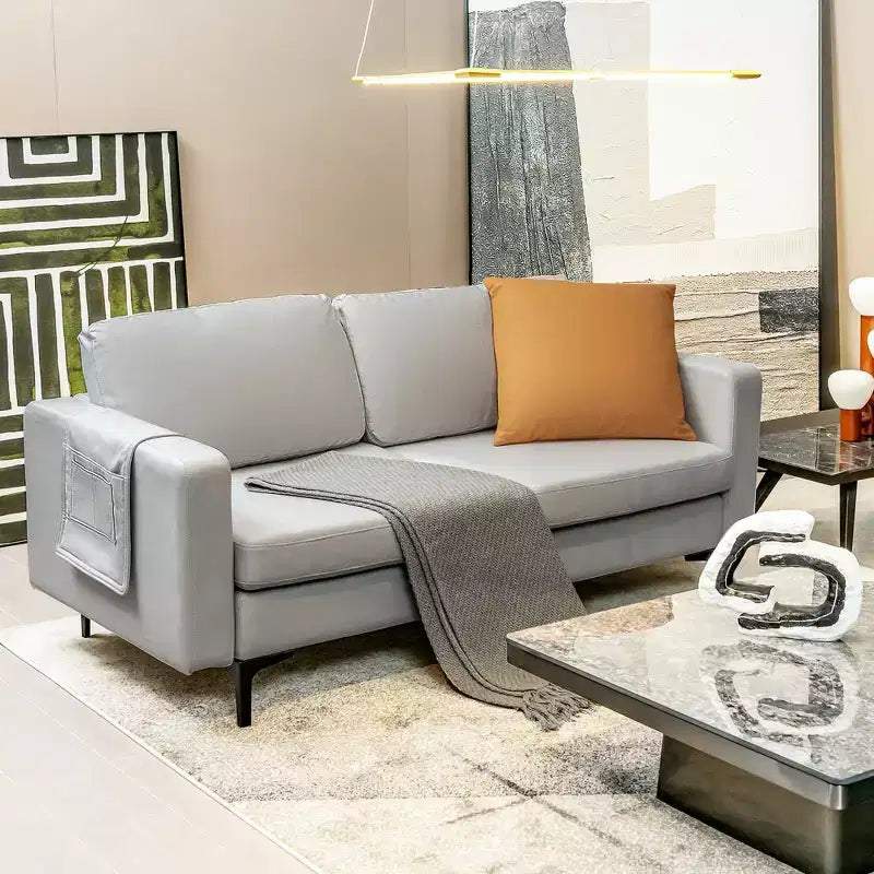 Costway Modern Loveseat Leathaire Fabric 2-Seat Sofa Couch w/ Side Storage Pocket