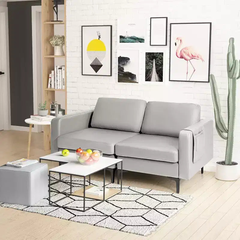 Costway Modern Loveseat Leathaire Fabric 2-Seat Sofa Couch w/ Side Storage Pocket