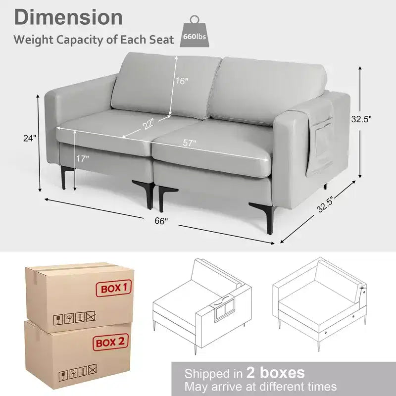 Costway Modern Loveseat Leathaire Fabric 2-Seat Sofa Couch w/ Side Storage Pocket