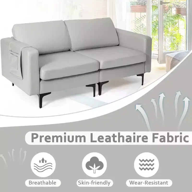 Costway Modern Loveseat Leathaire Fabric 2-Seat Sofa Couch w/ Side Storage Pocket