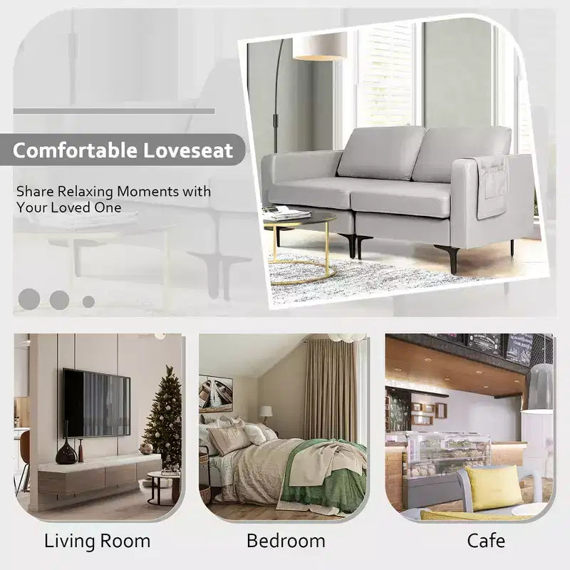 Costway Modern Loveseat Leathaire Fabric 2-Seat Sofa Couch w/ Side Storage Pocket