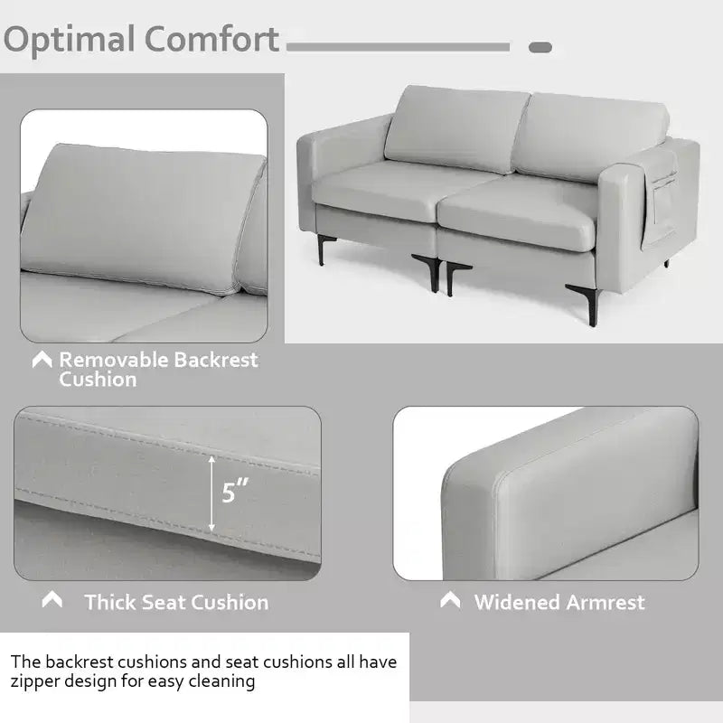 Costway Modern Loveseat Leathaire Fabric 2-Seat Sofa Couch w/ Side Storage Pocket