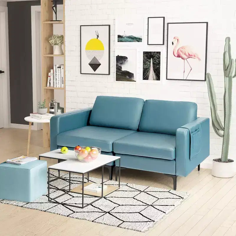 Costway Modern Loveseat Leathaire Fabric 2-Seat Sofa Couch w/ Side Storage Pocket